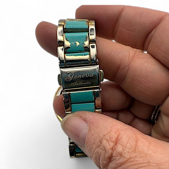 Geneva Authentic Womens Watch 39mm Gold Aqua Dial Rhinestone Bezel 7" Band - Picture 5 of 6